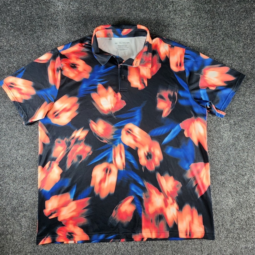 Under Armour Mens Playoff Polo Shirt 2XL Black Floral Orange‎ Blue EUC